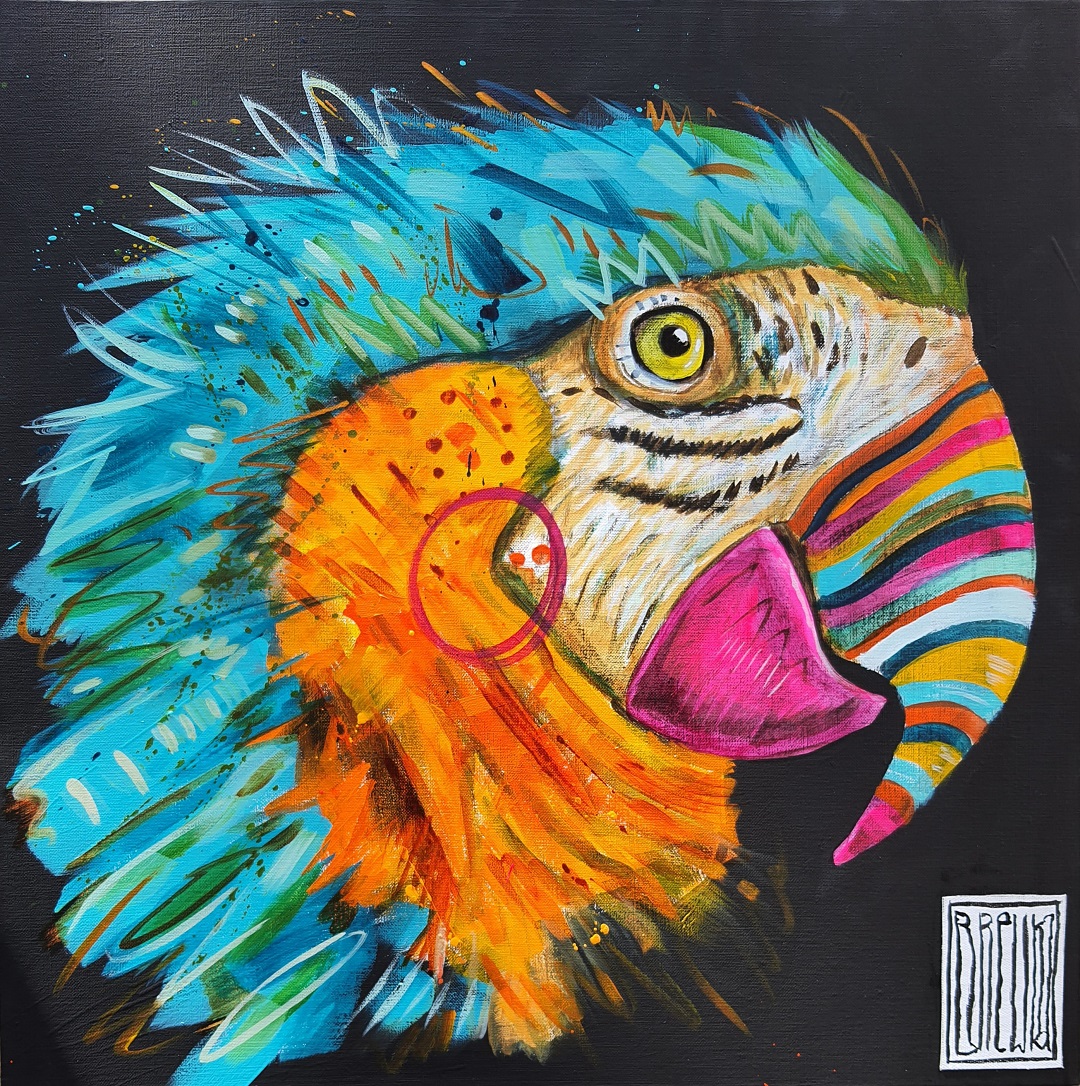 papuga-brewka-cykl-portrety-zwierzat-2021-papuga-parrot-akryl-plotno-2021