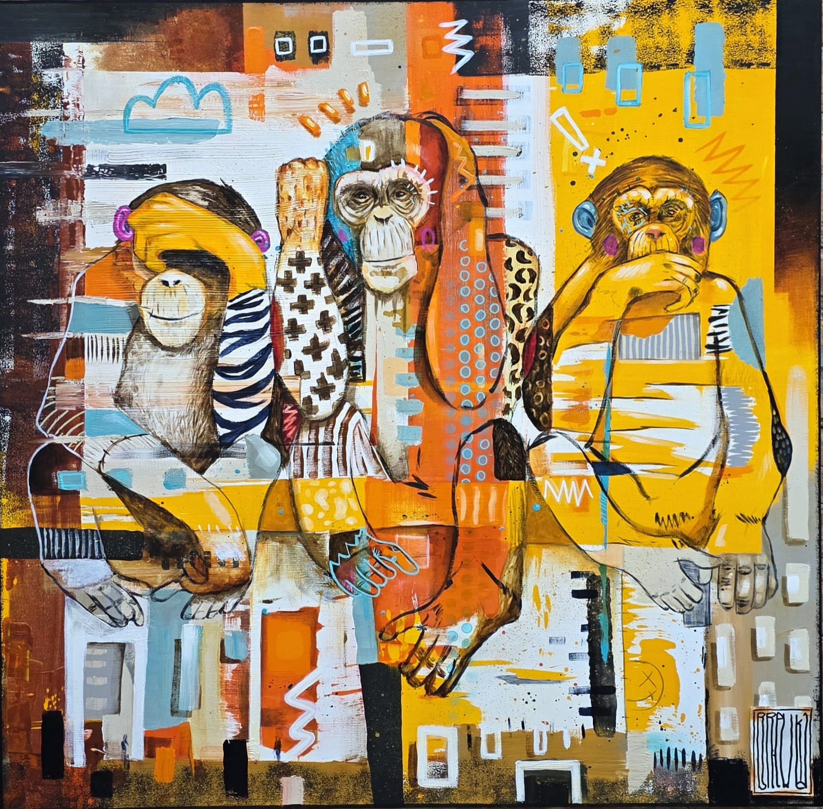 wojciech-brewka-trzy-mądre-małpy-akryl-płótno-2026-cykl-obrazy-portrety-zwierząt